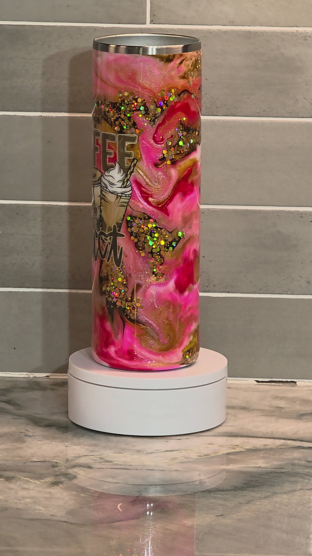 Coffee Addict Pink Latte Swirl Tumbler – 30oz Skinny with Gold Glitter