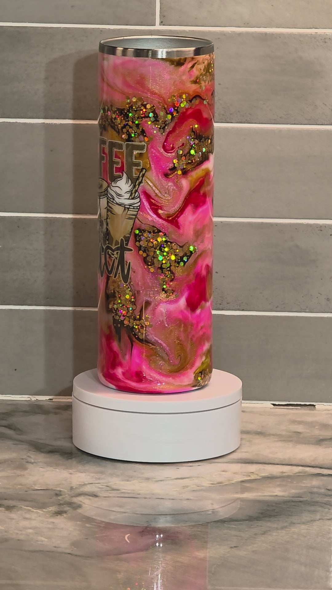 Coffee Addict Pink Latte Swirl Tumbler – 30oz Skinny with Gold Glitter
