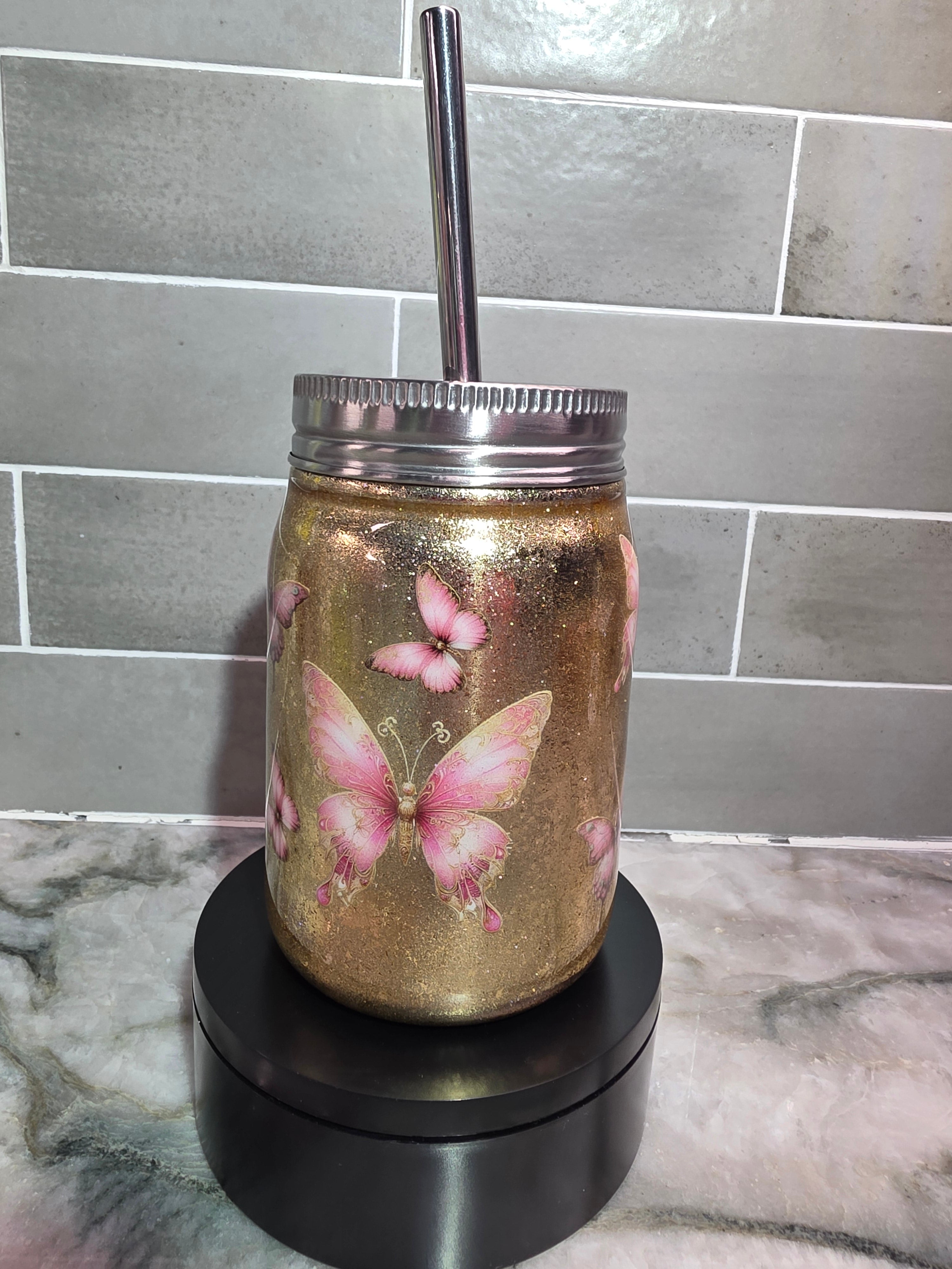 Butterflies & Gold Dust 12 oz mason jar