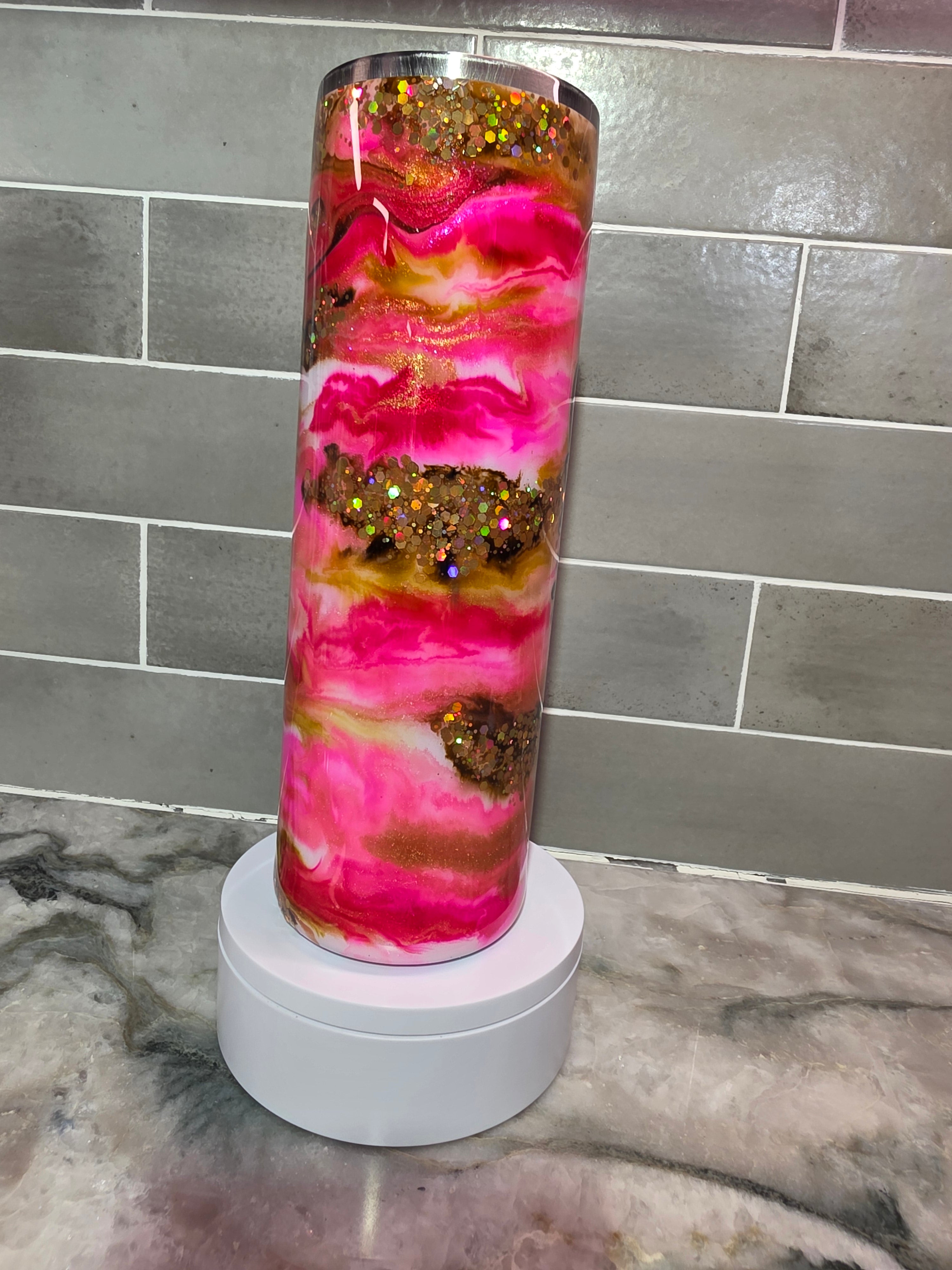 Coffee Addict Pink Latte Swirl Tumbler – 30oz Skinny with Gold Glitter