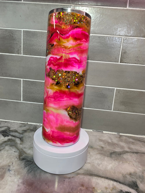 Coffee Addict Pink Latte Swirl Tumbler – 30oz Skinny with Gold Glitter