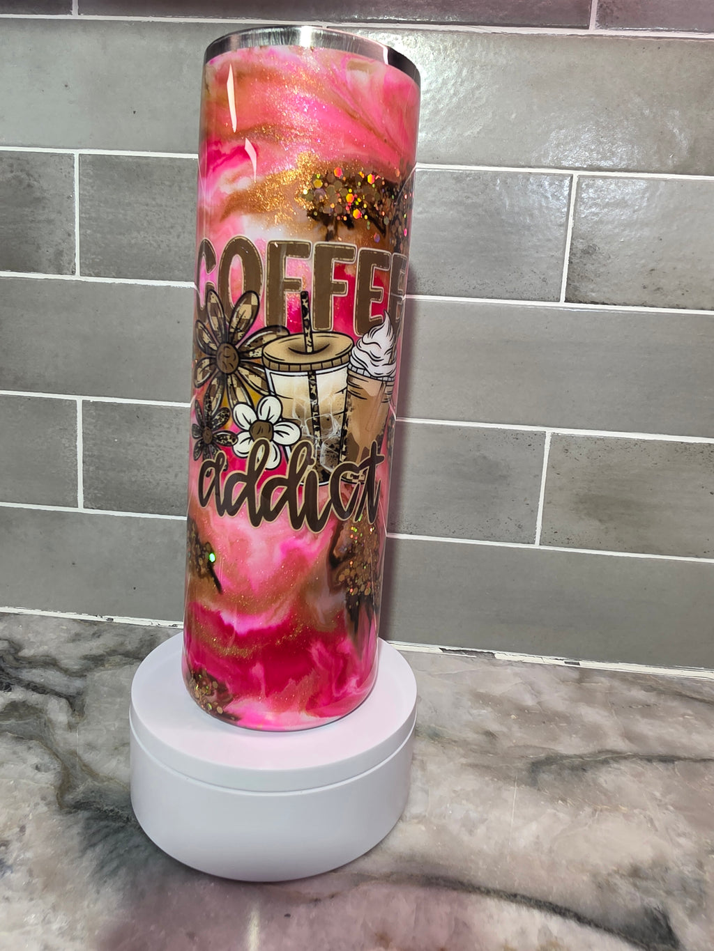 Coffee Addict Pink Latte Swirl Tumbler – 30oz Skinny with Gold Glitter