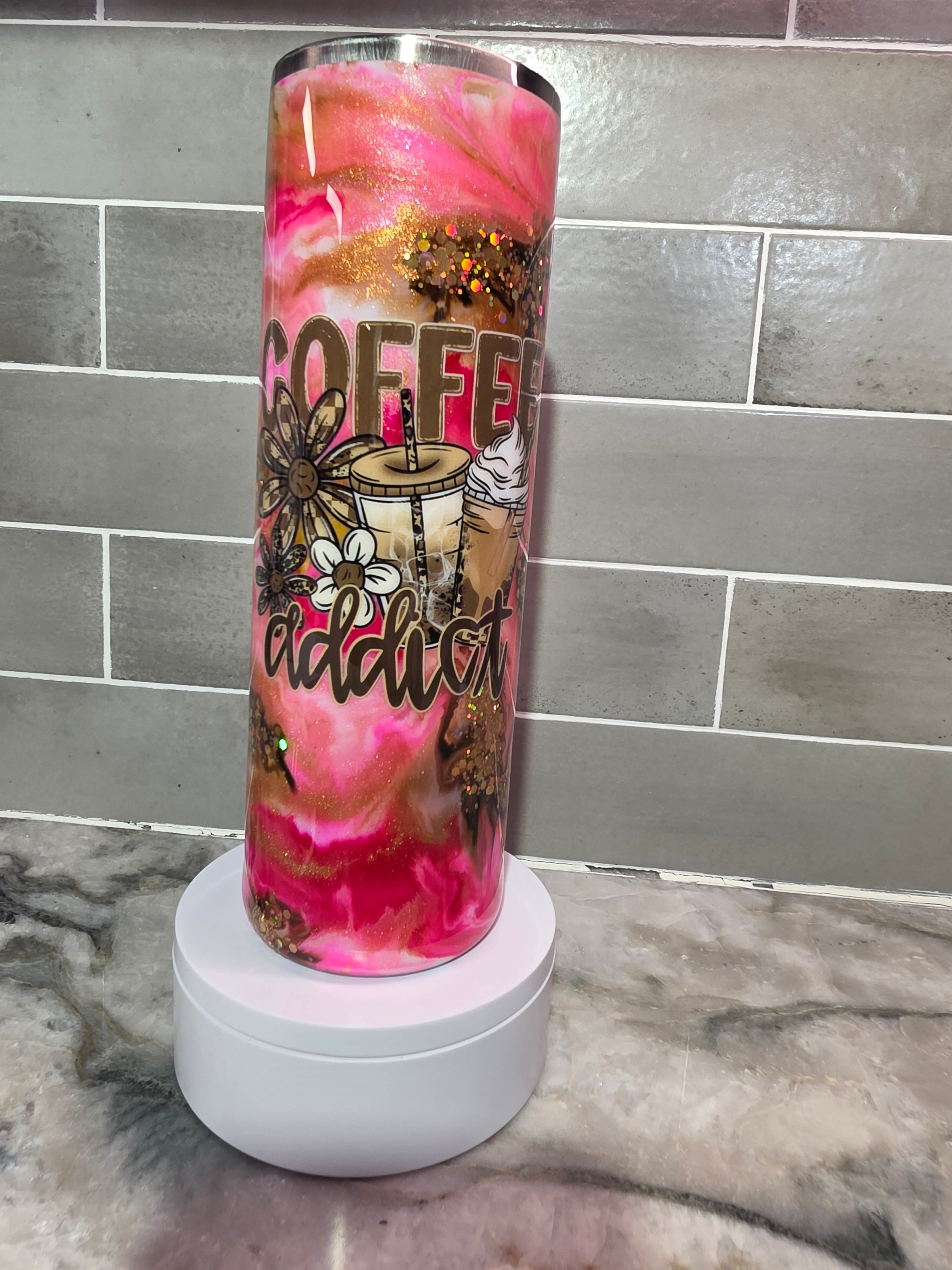 Coffee Addict Pink Latte Swirl Tumbler – 30oz Skinny with Gold Glitter